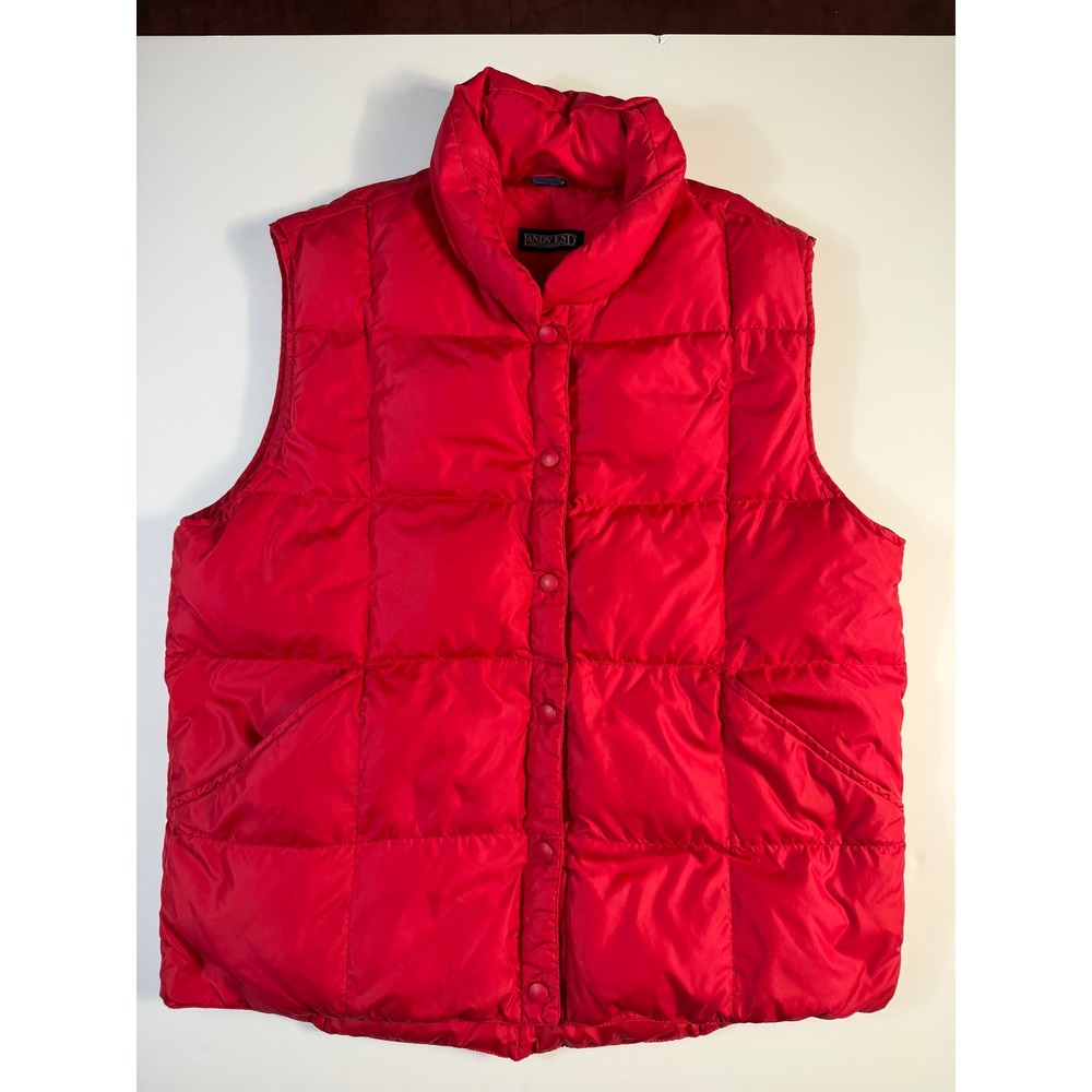 Lands' End Women's L 14-16 Red Goose Down Puffer Vest Snap Front Quilted